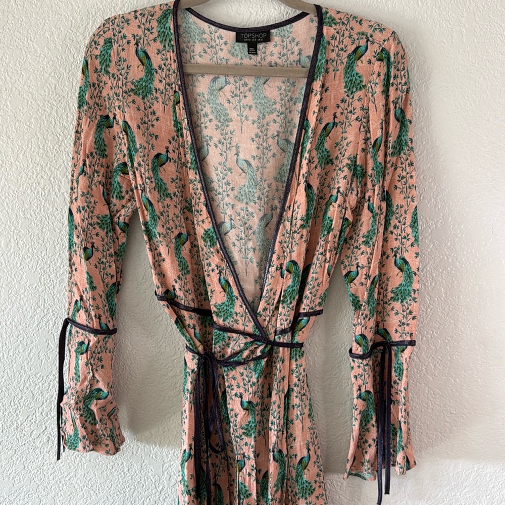 TOPSHOP midi pink peacock wrap dress size 8